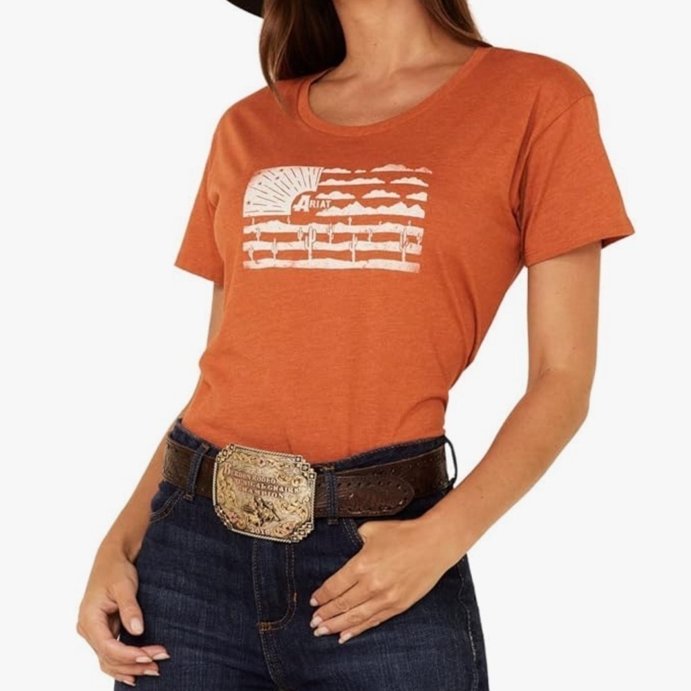 Ariat Desert Flag Cactus logo,short sleeve, scoopneck,extended back hem,T-shirt